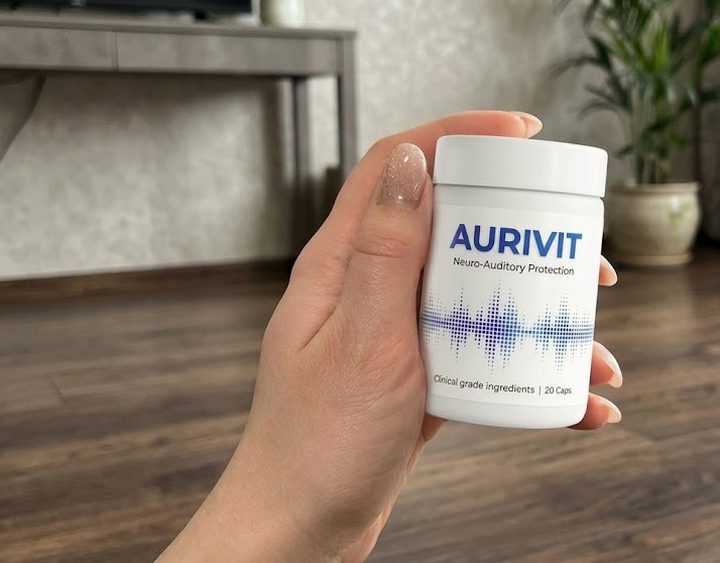 Mão a segurar um frasco de Aurivit numa sala de estar